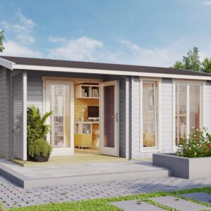 Lysegrått anneks med store vinduer i en hage. Illustrasjon.