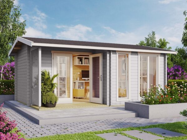 Lysegrått anneks med store vinduer i en hage. Illustrasjon.