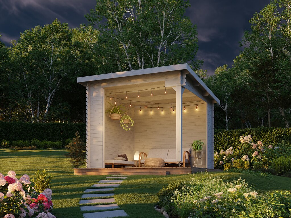 Hagestue med hagemøbler i kveldsstemning. Illustrasjon.