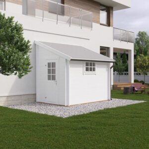 Hvitmalt bod med dør og vindu med sposser inntil hus i miljø. med info i bildet på størrelse og fordeler.Illustrasjon