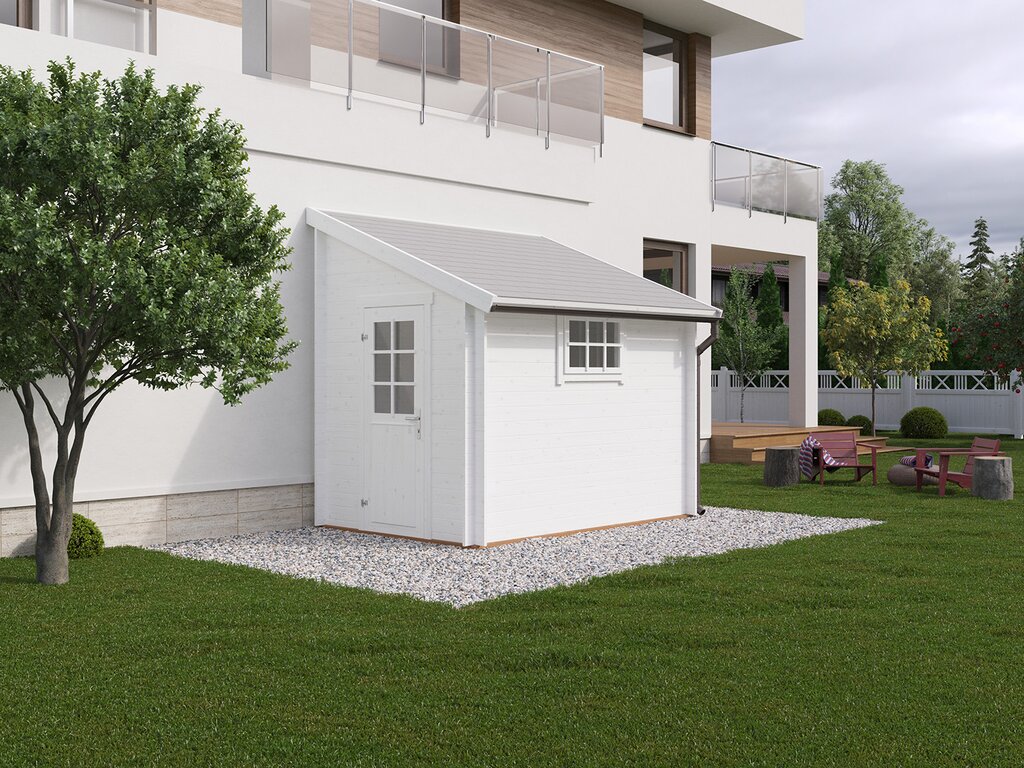 Hvitmalt bod med dør og vindu med sposser inntil hus i miljø. med info i bildet på størrelse og fordeler.Illustrasjon