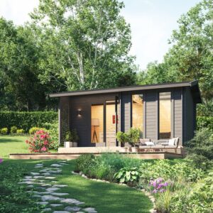 Brunbeiset anneks i vakker hage. illustrasjon