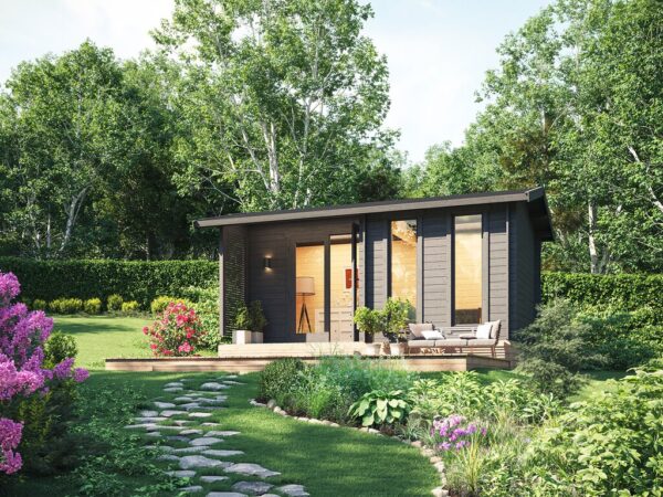 Brunbeiset anneks i vakker hage. illustrasjon