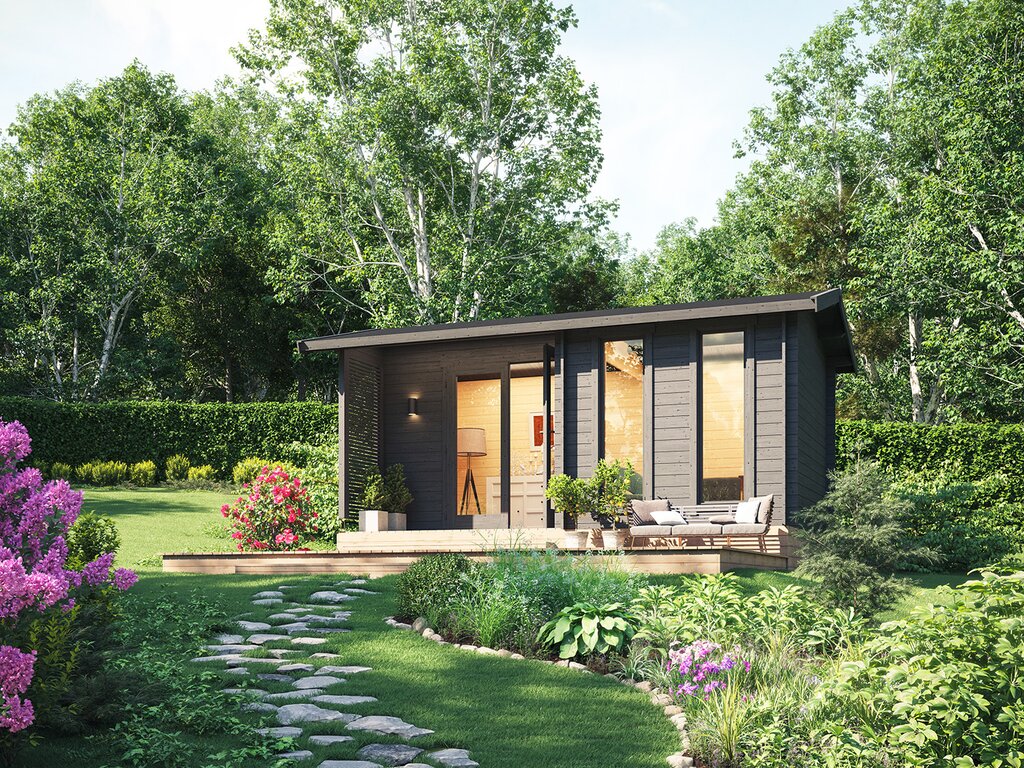 Brunbeiset anneks i vakker hage. illustrasjon