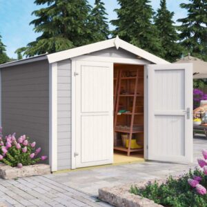 Large_Lunner 2 Lys gråmalt bod i miljø med doble dører. Med info i bildet på størrelse og materialer. Illustrasjon.