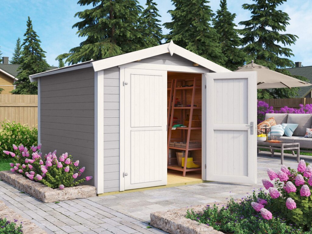 Lys gråmalt bod i miljø med doble dører. Med info i bildet på størrelse og materialer. Illustrasjon.