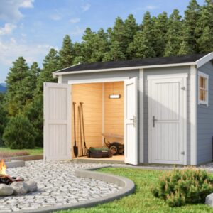 Large_Lunner 3 Lys grå bod med to rom og to dører i miljø. Med info i bildet på størrelse og muligheter. Illustrasjon