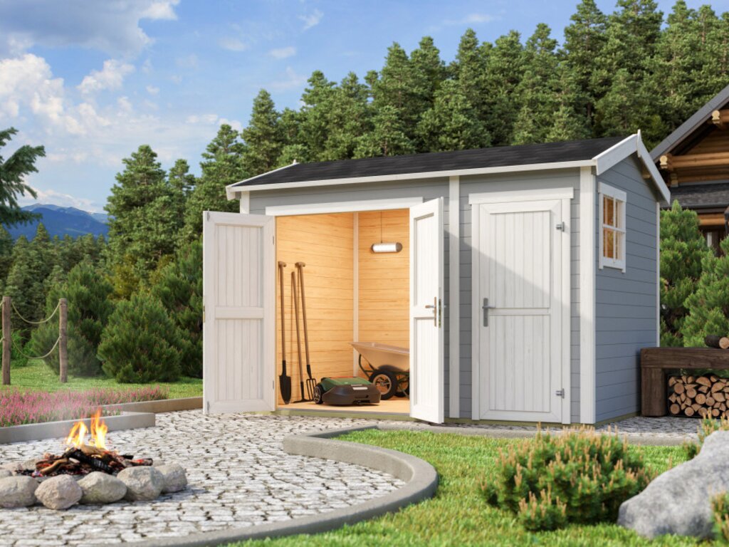 Lys grå bod med to rom og to dører i miljø. Med info i bildet på størrelse og muligheter. Illustrasjon