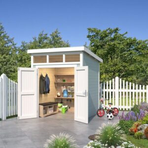 Lys grå liten bod med doble dører og vinduer i topp i miljø. Med info i bildet på størrelse og matierialer.Illustrasjon,