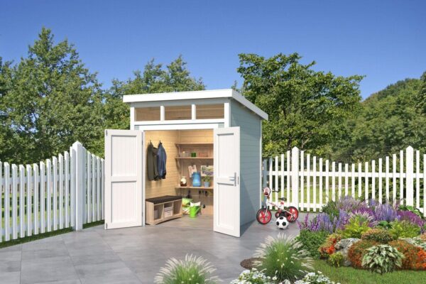 Lys grå liten bod med doble dører og vinduer i topp i miljø. Med info i bildet på størrelse og matierialer.Illustrasjon,