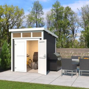 Antrasitt redskapsbod med åpen hvit dør i hage. Illustrasjon.