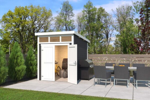 Antrasitt redskapsbod med åpen hvit dør i hage. Illustrasjon.