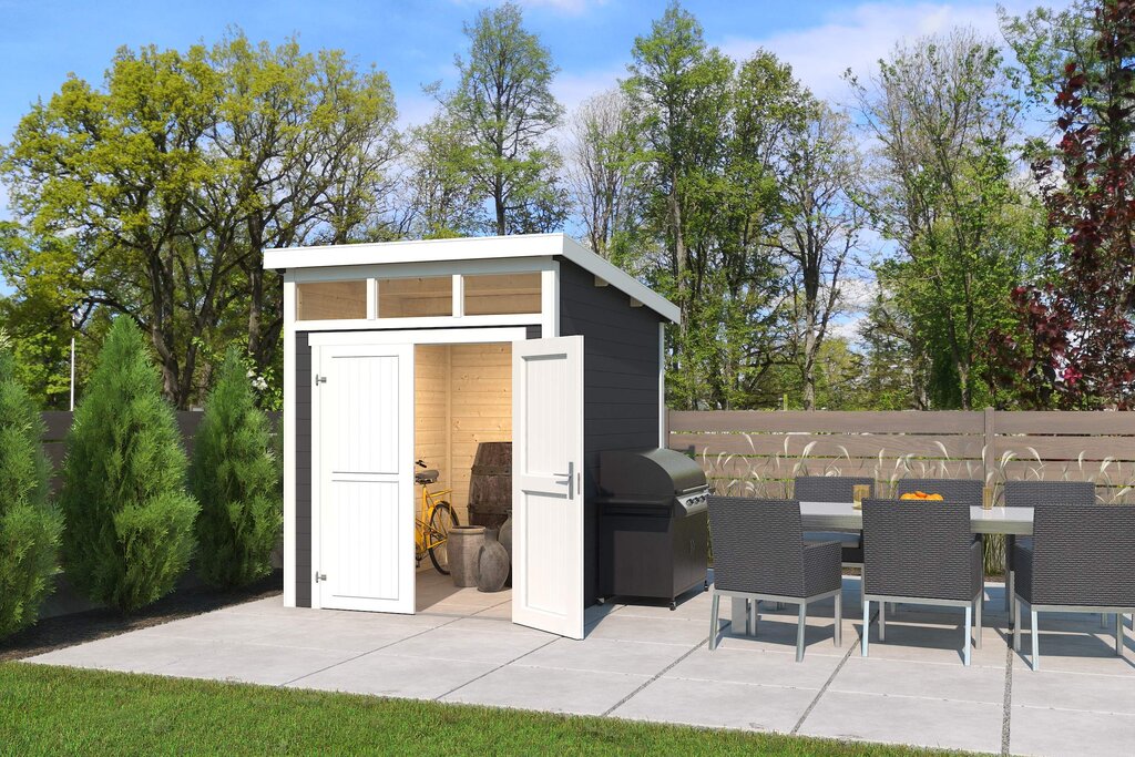 Antrasitt redskapsbod med åpen hvit dør i hage. Illustrasjon.