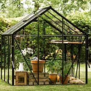 Sort drivhus i en hage. Foto.