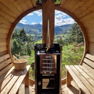 innsiden av sauna med vedovn