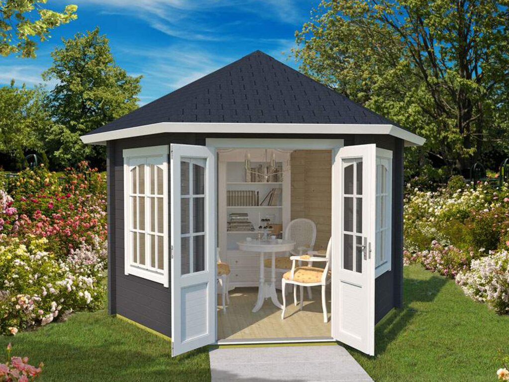 Antrasitt lysthus med dobledører og møbler i. Illustrasjon.