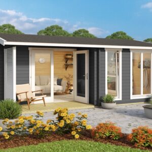 Antrasitt anneks i fin hage. Illustrasjon.