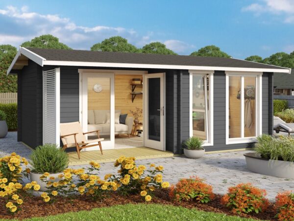 Antrasitt anneks i fin hage. Illustrasjon.