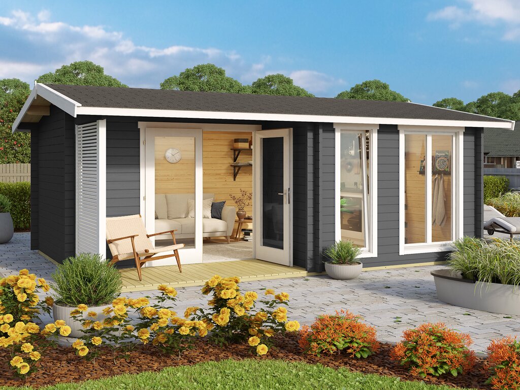 Antrasitt anneks i fin hage. Illustrasjon.