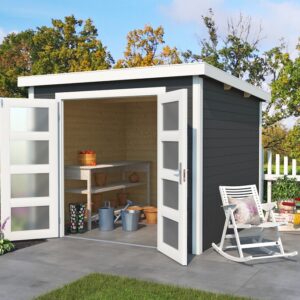 Bod malt antrasitt i miljø med dørene oppe og info i bildet. Illustrasjon.