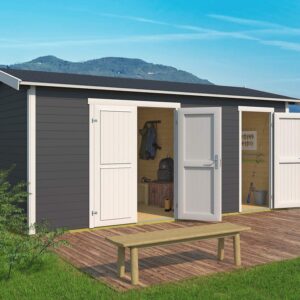 Large_bod arna_2 (Nettside) Gråmalt bod med to dører. Med info i bildet på størrelse og fordeler. Illustrasjon.