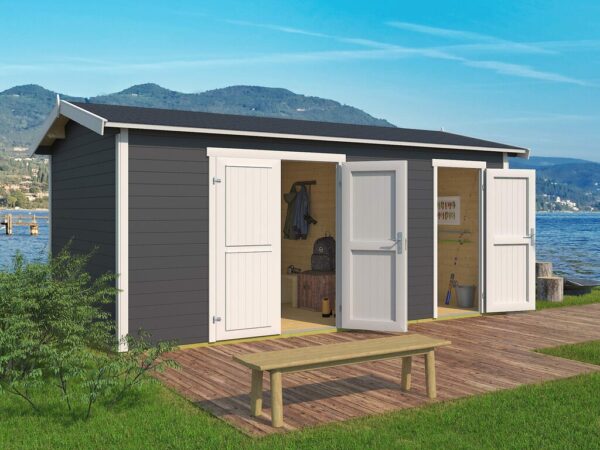 Gråmalt bod med to dører. Med info i bildet på størrelse og fordeler. Illustrasjon.