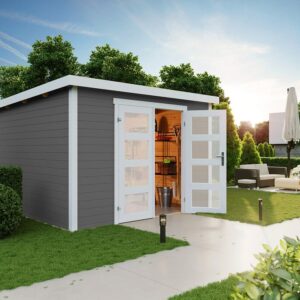 Bod grå med hvite dører i miljø med info i bildet på fordeler og størrelse. Illustrasjon