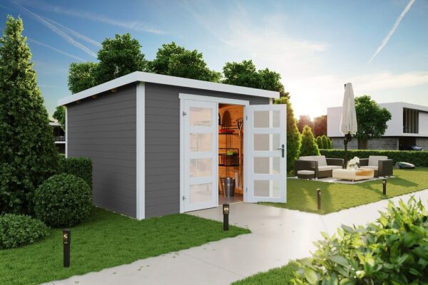 Bod grå med hvite dører i miljø med info i bildet på fordeler og størrelse. Illustrasjon