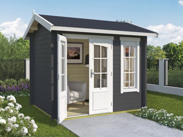 Antrasitt bod/anneks i en hage.