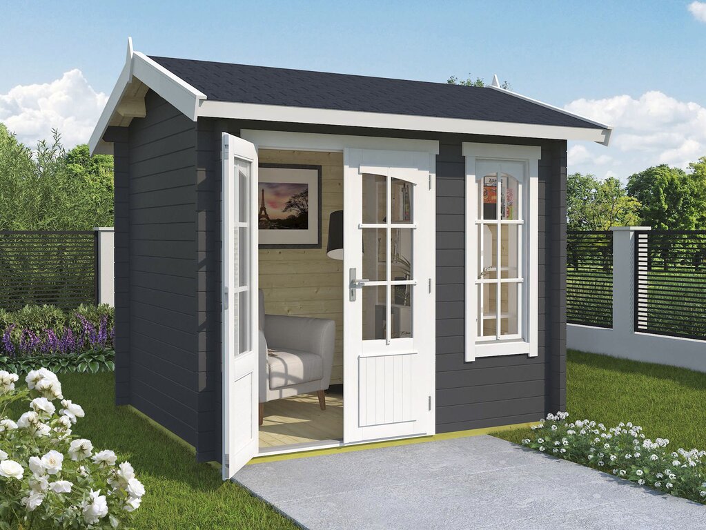 Antrasitt bod/anneks i en hage.