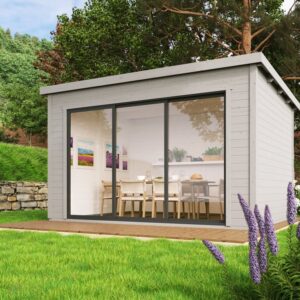 Large_sandøya 1_2 Anneks med skyvedører i front på platting i hage. illustrasjon