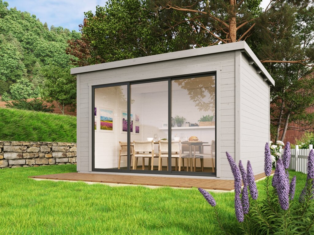 Anneks med skyvedører i front på platting i hage. illustrasjon