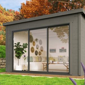 Large_sandøya 2 16_9 Grått anneks i hage på høsten med store glass skyvedører