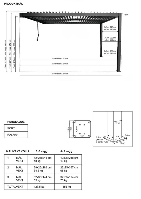Pergola veggmontert høy | Sørøya | 3x3m sort