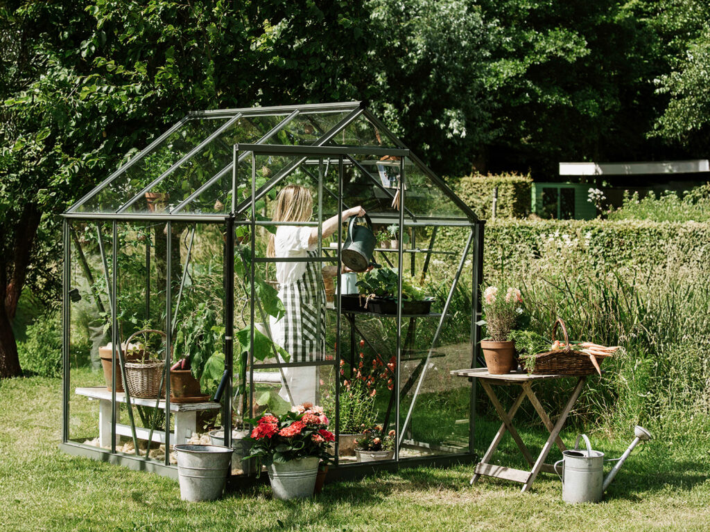 Dame som vanner inne i et grønt drivhus med planter.