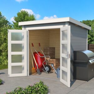 Bod malt antrasitt i miljø med dørene oppe. Med info i bildet på størrelse og materialer. Illustrasjon.