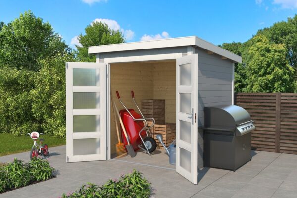 Bod malt antrasitt i miljø med dørene oppe. Med info i bildet på størrelse og materialer. Illustrasjon.