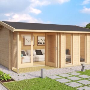 Ubehandlet anneks i hage. Illustrasjon.