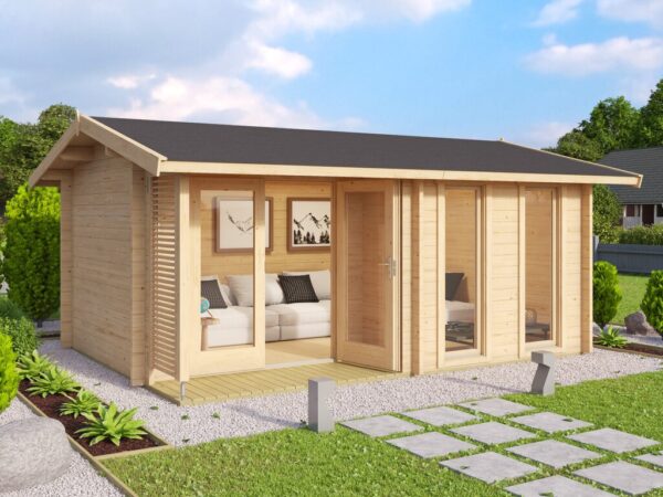 Ubehandlet anneks i hage. Illustrasjon.