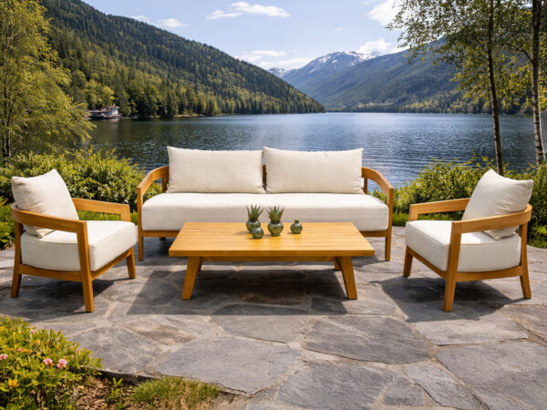 illustrasjon av hagegruppe ved innsjø i Norge