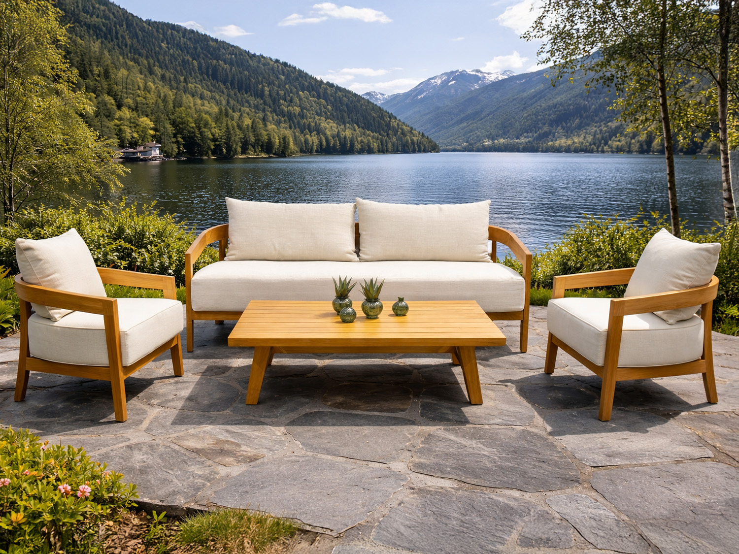 illustrasjon av hagegruppe ved innsjø i Norge