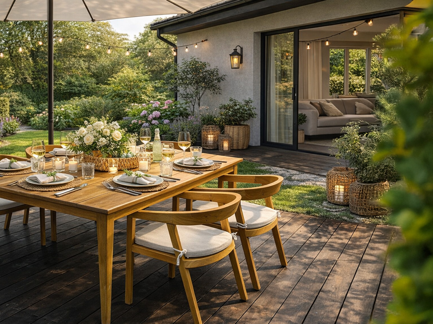 Generert illustrasjon av spisegruppe med 4 stoler i hage