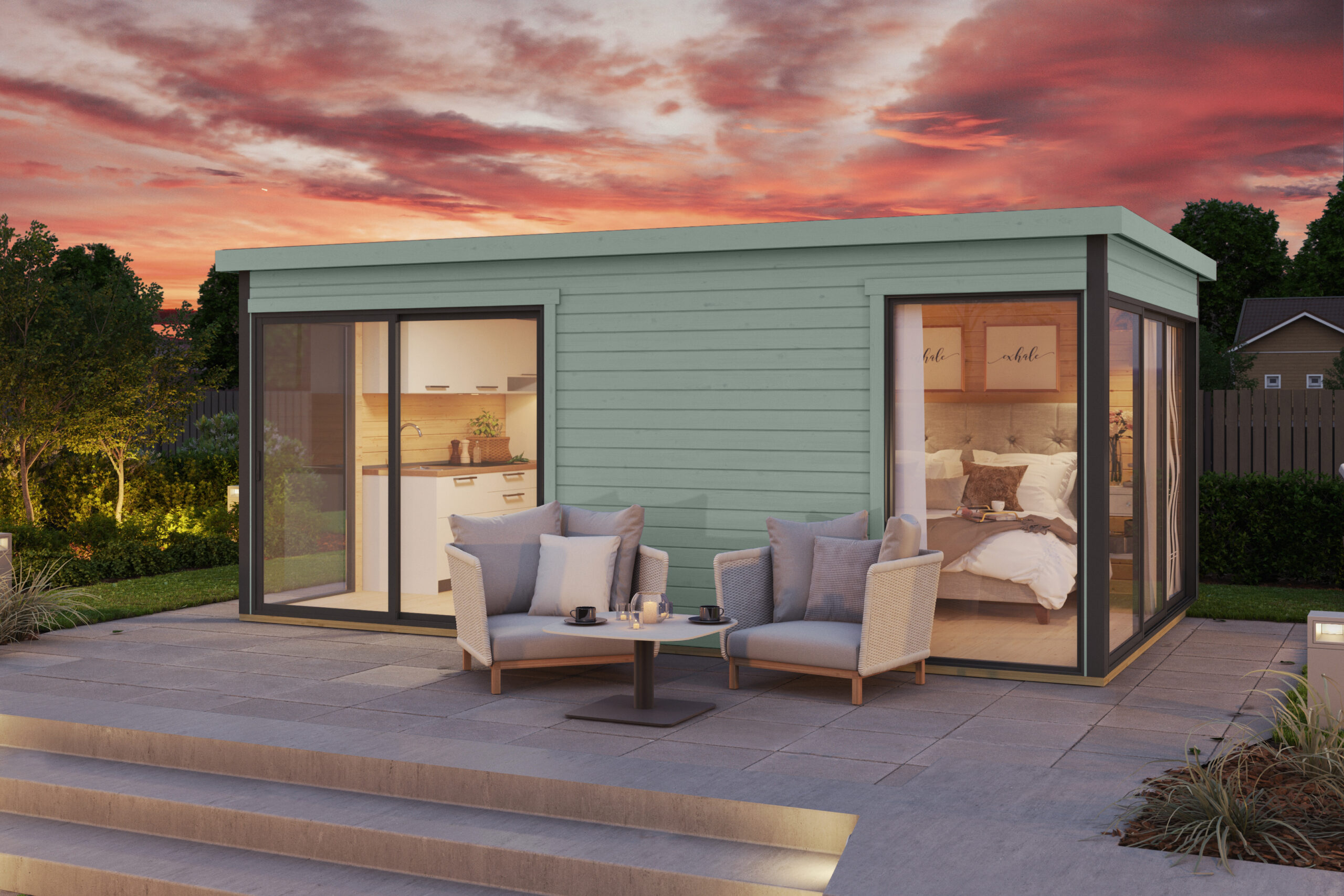 Annekset med skyvedører i limegrønn farge. 