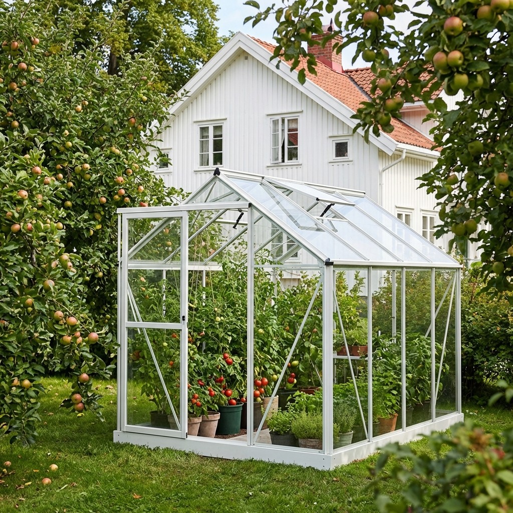 drivhus solstuen hvit i hage med epletrær
