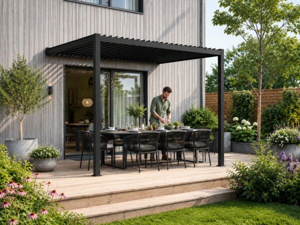 Large_Veggheng lange lameller 3_3 dag Pergola veggmontert Sørøya 3x3m sort